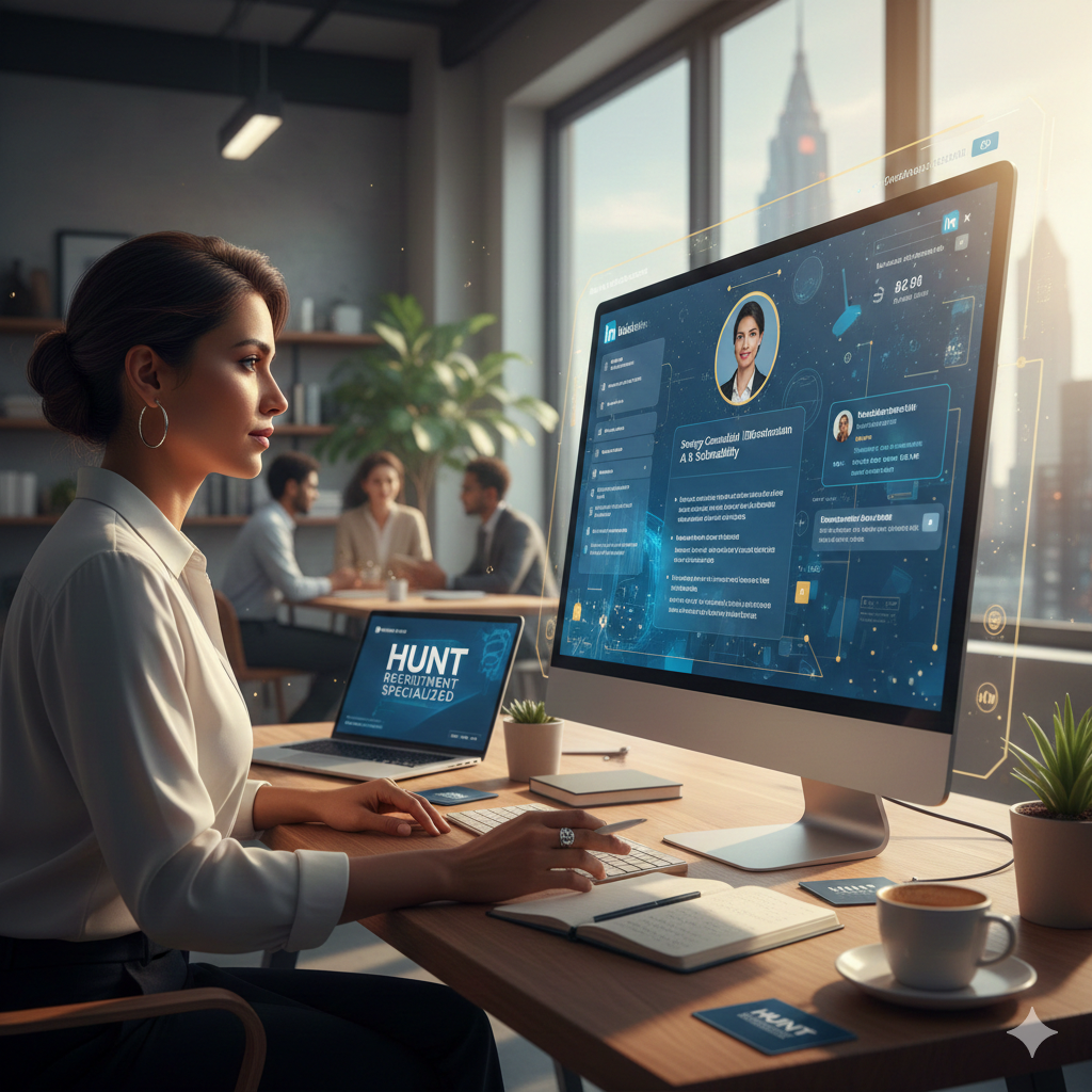 Mulher profissional em um escritório moderno analisando perfil do LinkedIn em um monitor de alta resolução, simbolizando otimização de carreira e recrutamento especializado.